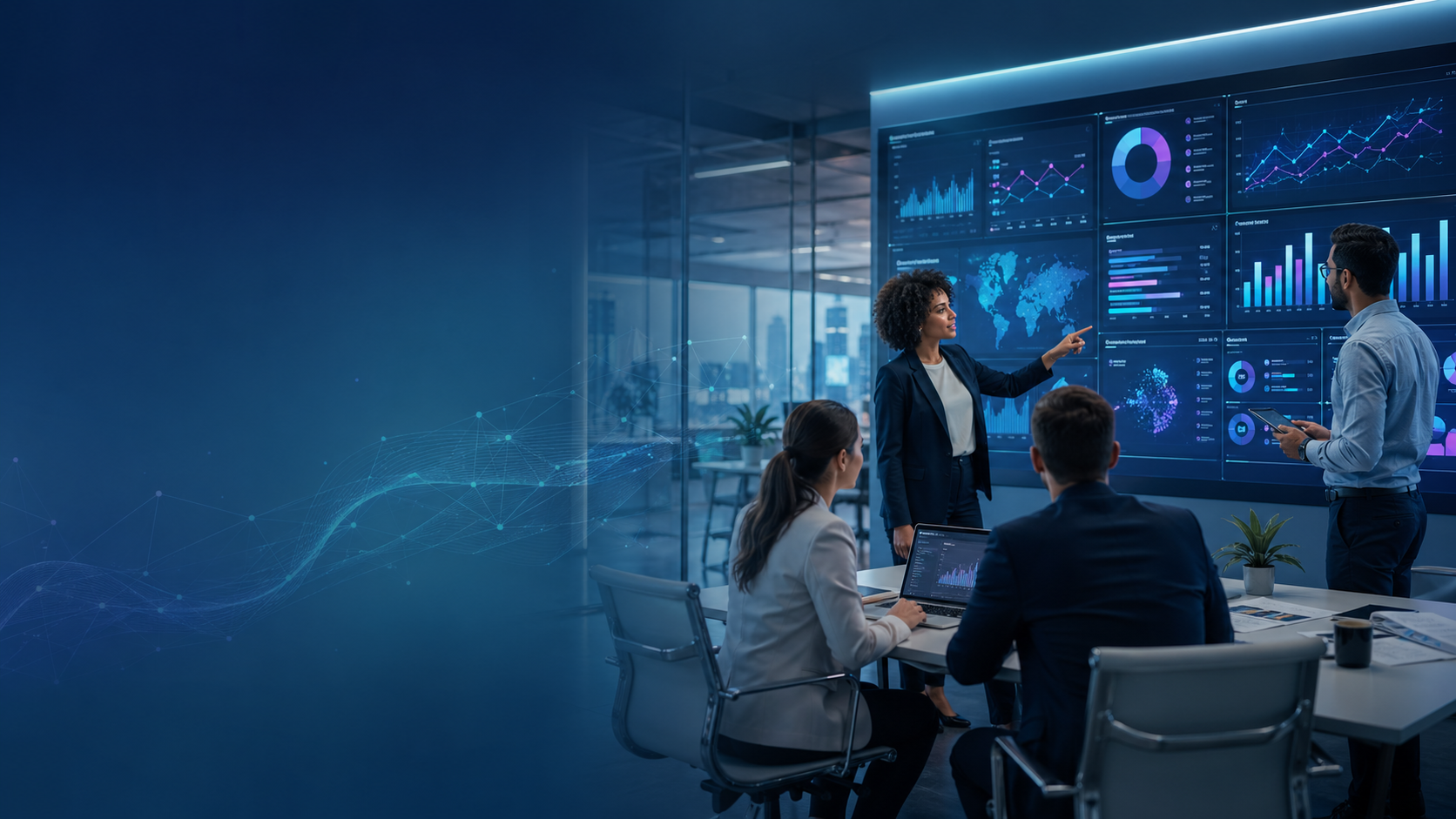 Analytics consultants collaborating around digital performance dashboards
